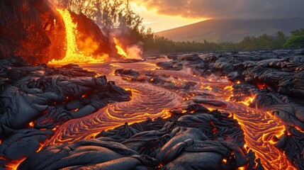 lava from active volcano sliding in flames on a hill