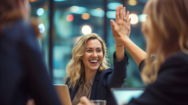 Businesswoman giving a high five to the colleague in meeting room celebrating success. Happy confident business people high-five. Job well done. 