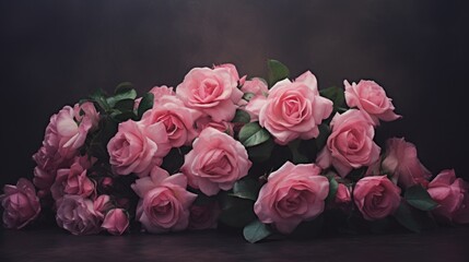  a bunch of pink roses with green leaves on a black background with a black background and a black background with a white border.