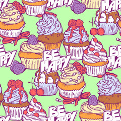 Tasty sweet cupcake dessert decorative seamless pattern for textile design, fabric print, digital or wrapping paper, wallpaper, background and backdrop, bakery shop decoration, cafe, restaurant menu.