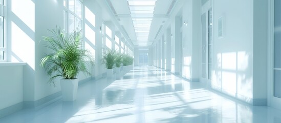 Empty white hallway in the hospital bright corridor with rooms and windows. Generated AI image