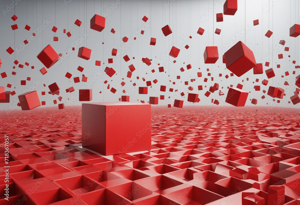 Poster vivid red cube in abstract 3d geometric design