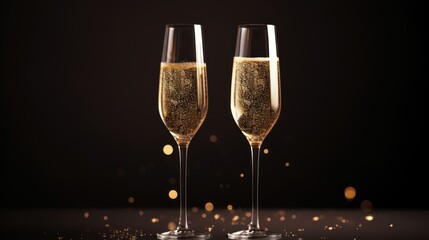  two glasses of champagne on a table with a black background and gold confetti on the bottom of the glasses.