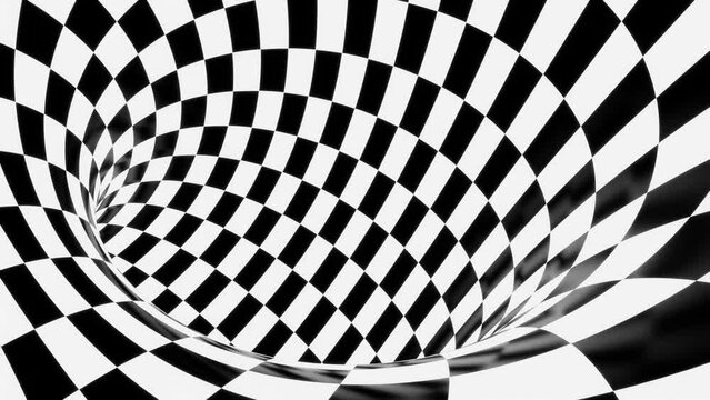 psychedelic abstract black and white checkered animated background, hypnotic optical illusion, 4k seamless loop backdrop