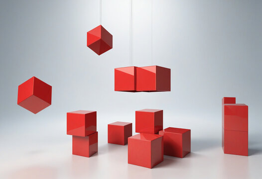 Vivid red cube in abstract 3D geometric design