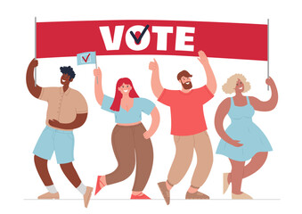 Diverse people with Vote poster. Call for voting. Modern poster illustration.