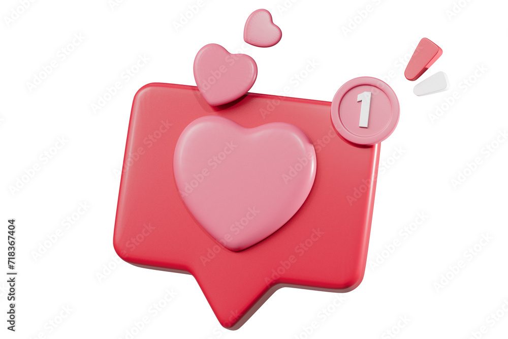 Poster 3d Hearth bubble icon with notification new message sign icon. Minimal Cartoon 3d Hearth with notification red bubble unread icon. Valentine concept 3d icon. isolated pink background. 3d rendering.