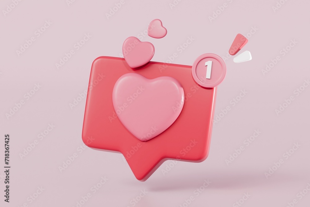 Poster 3d Hearth bubble icon with notification new message sign icon. Minimal Cartoon 3d Hearth with notification red bubble unread icon. Valentine concept 3d icon. isolated pink background. 3d rendering.