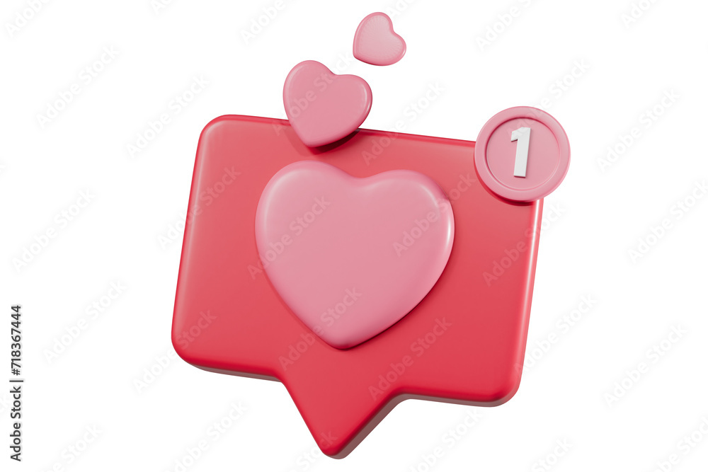 Poster 3d Hearth bubble icon with notification new message sign icon. Minimal Cartoon 3d Hearth with notification red bubble unread icon. Valentine concept 3d icon. isolated pink background. 3d rendering.