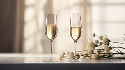 two glasses of champagne sitting on a table next to a bouquet of flowers and a vase with flowers in it.