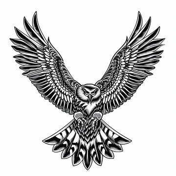 Tattoo design in flat vector logo style, colorless - Hawk 