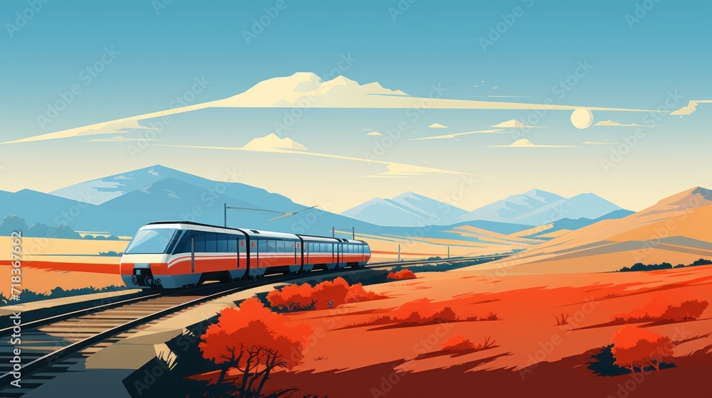 Poster a painting of a train on a train track in the middle of a desert with a mountain range in the backgr