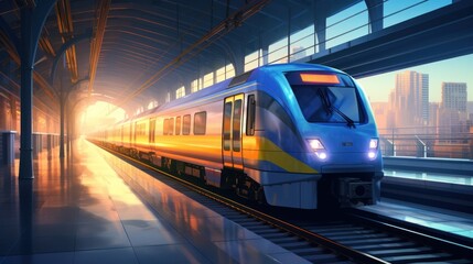 Naklejka premium a train traveling through a train station next to a tall building with a clock on the side of the train.