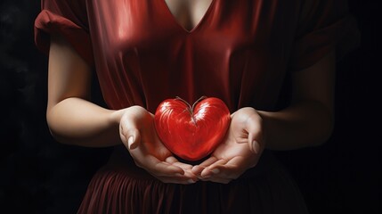  a woman in a red dress holding a red heart in her hands, with her hands in the shape of a heart.