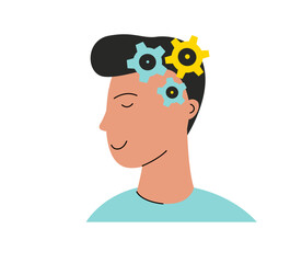 Young man thinking, searching idea, processing information. Brainstorming concept. Vector illustration