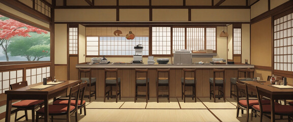 Traditional Japanese eatery. Classic counter seating in a small, authentic Japanese restaurant. Wide layout design. Hand-crafted generative AI.