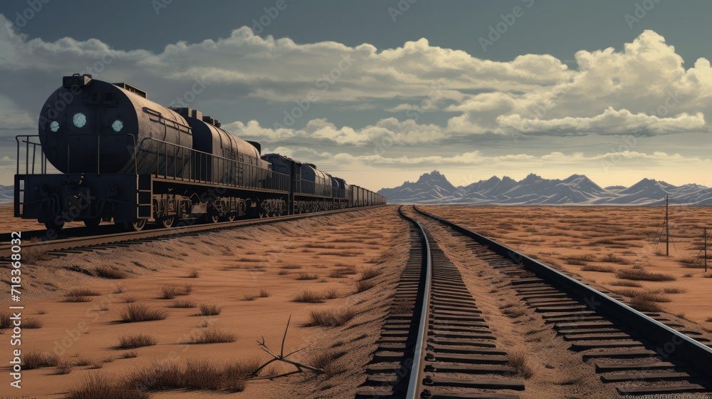 Poster a train on a train track in the middle of a desert with a mountain range in the background and cloud