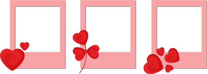Flat vector art illustration of a valentines day heart polaroid frame set for valentine, wedding, happy, birthday, greetings, wishes, cards, bullet journal, etc. on transparent background