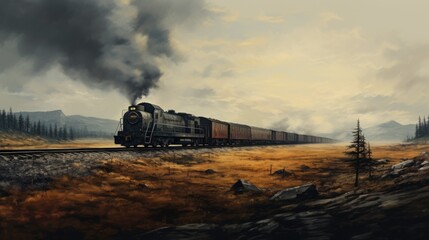 Obraz premium a painting of a train on a train track with smoke coming out of the top of the train and trees on the other side of the track.