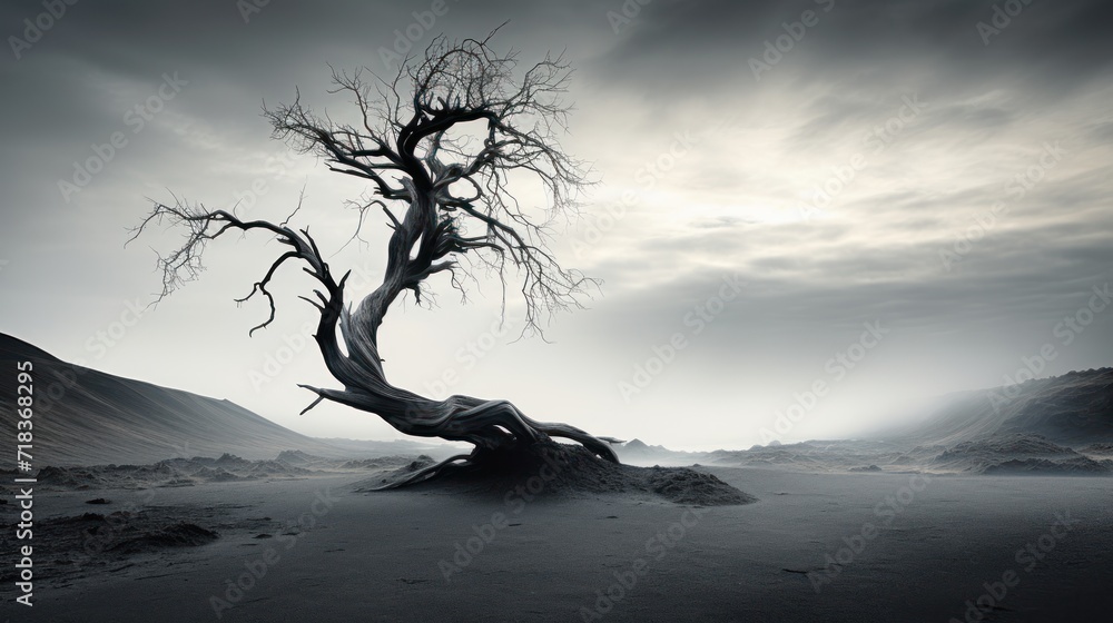 Poster a black and white photo of a dead tree in the middle of a desert with a cloudy sky in the background