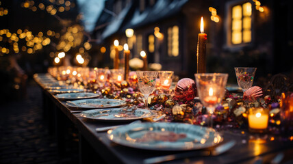 Enchanté Evenings: Luxurious Outdoor Dining Table Set for Festive Celebrations, with Sparkling Decorations, Candles, and Urban Sophistication - Ai Generated