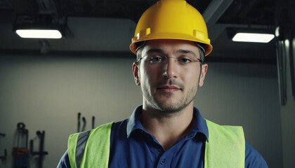 A skilled young construction worker in safety gear crafted by advanced technology