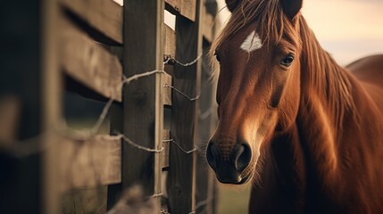 a brown horse standing next to a wooden fence and looking over the top of the fence to the other side of the fence.