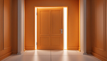 Abstract 3D geometric background with warm orange light entering a door portal into a dark room with steps