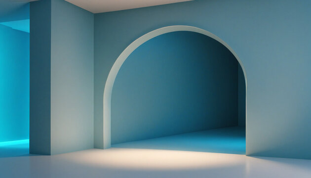 3d render, abstract minimalist blue background. Bright light going through the round arch in dark empty room © SR07XC3