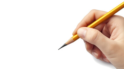 Close up picture of a hand holding a pencil isolated on white background