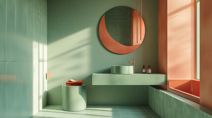 Minimalistic room design in turquoise and orange.