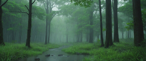 Enchanted woods during the rainy season - obrazy, fototapety, plakaty