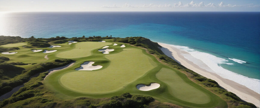 Luxurious Oceanfront Golf Course on a Sunny Day with Stunning Aerial View of a Par 5 Hole at the Shore.
