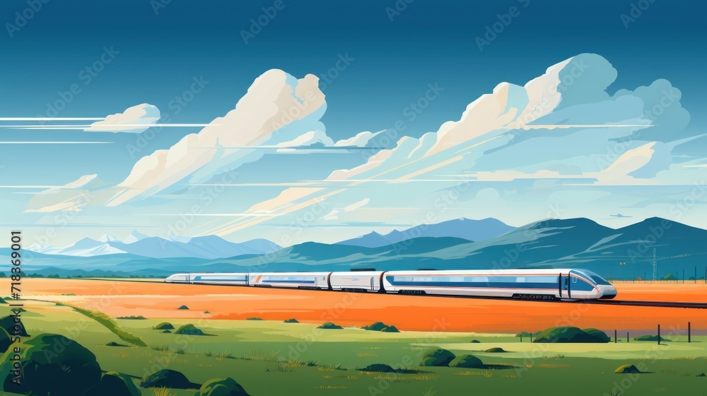 Poster a painting of a train on a train track in the middle of a field with mountains and clouds in the bac