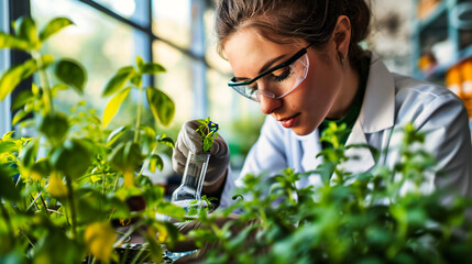 Young Female Biotechnologist in a Greenhouse, Engaged in Plant Research and Agricultural Science - obrazy, fototapety, plakaty