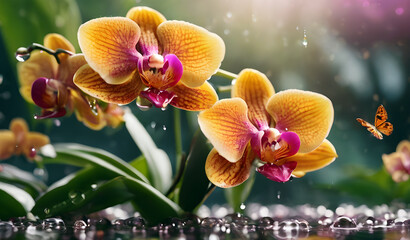 bright tropical orchid flowers in raindrops

