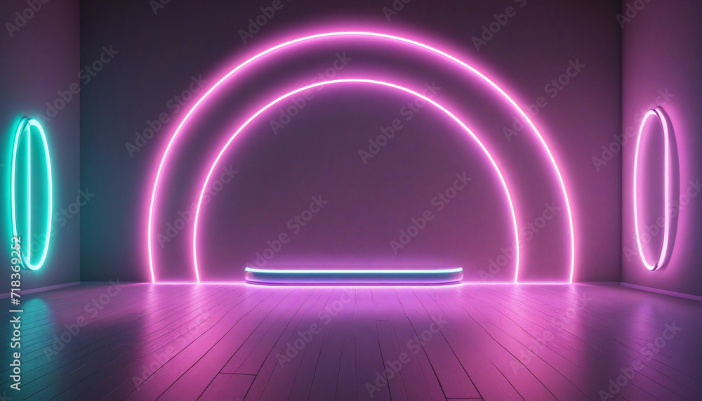 Poster neon oval abstract background with colorful rays and reflection