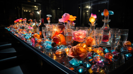 Fototapeta premium Elegant Party Table with Vintage Glassware and Colorful Decor - Twilight Soirée Collection for Sophisticated Urban Celebrations, Featuring Whiskey, Festive Beads, and Bokeh Lights - Ai Generated