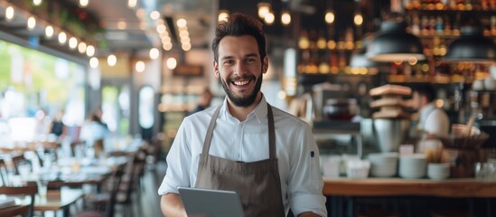 A Restaurant entrepreneur with tablet standing and a smile to customers.Generate AI image