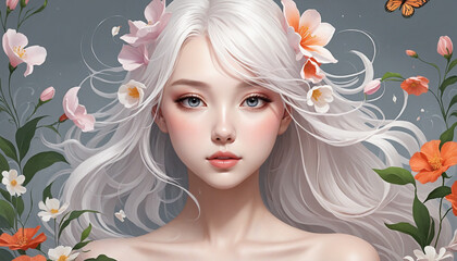 Abstract representation of a young female figure surrounded by floral elements.