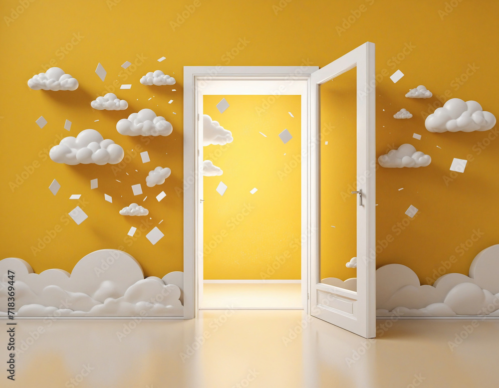 Poster surreal concept with flying white clouds passing through an open door on a bright yellow background.