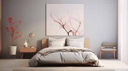  a bed in a room with a painting on the wall above it and a chair in front of the bed.