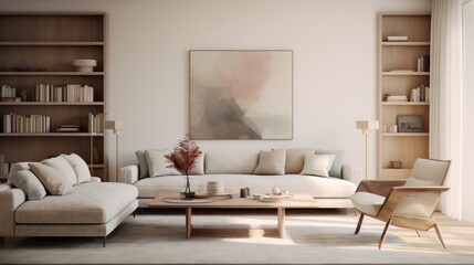  a living room with a couch, chair, coffee table, bookshelf and a painting on the wall.