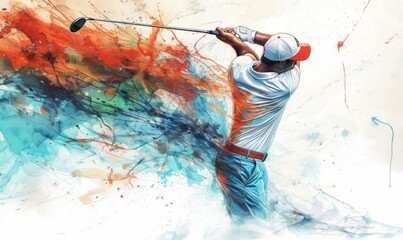 coloured golfer illustration watercolor Generative AI - obrazy, fototapety, plakaty