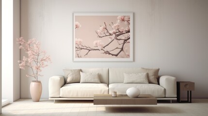 a living room with a couch, coffee table, vase and a painting on the wall with a cherry blossom on it.
