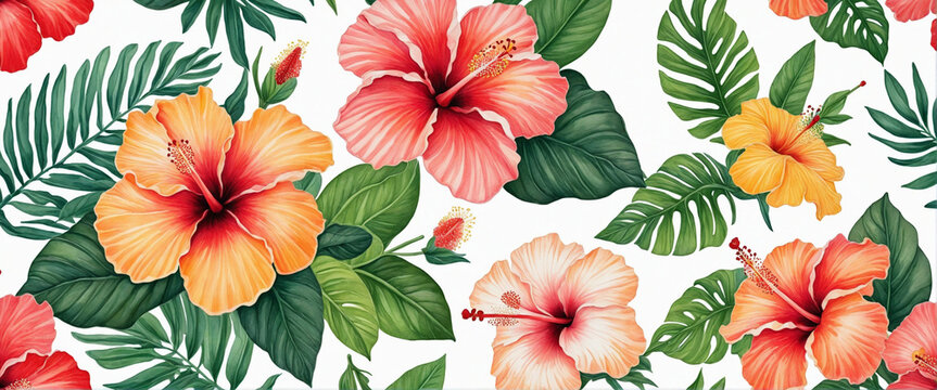 A collection of vibrant tropical hibiscus flowers and lush leaves depicted in a vivid watercolor painting elegantly presented in a separate illustration glowing with neon hues against a whi