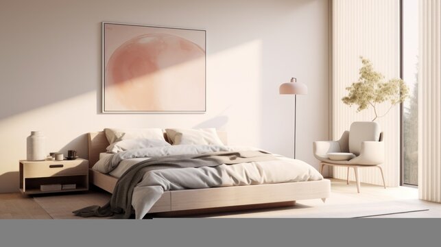  a bed sitting in a bedroom next to a window with a painting on the wall next to a table with a lamp on it.