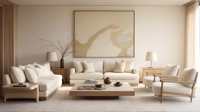  a living room with white furniture and a large painting on the wall above the couches and a coffee table.