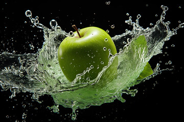 Ripe green apple with a splash of water isolated on a black background. Generated by artificial intelligence