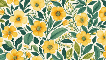 Watercolor floral pattern with a green and yellow background
